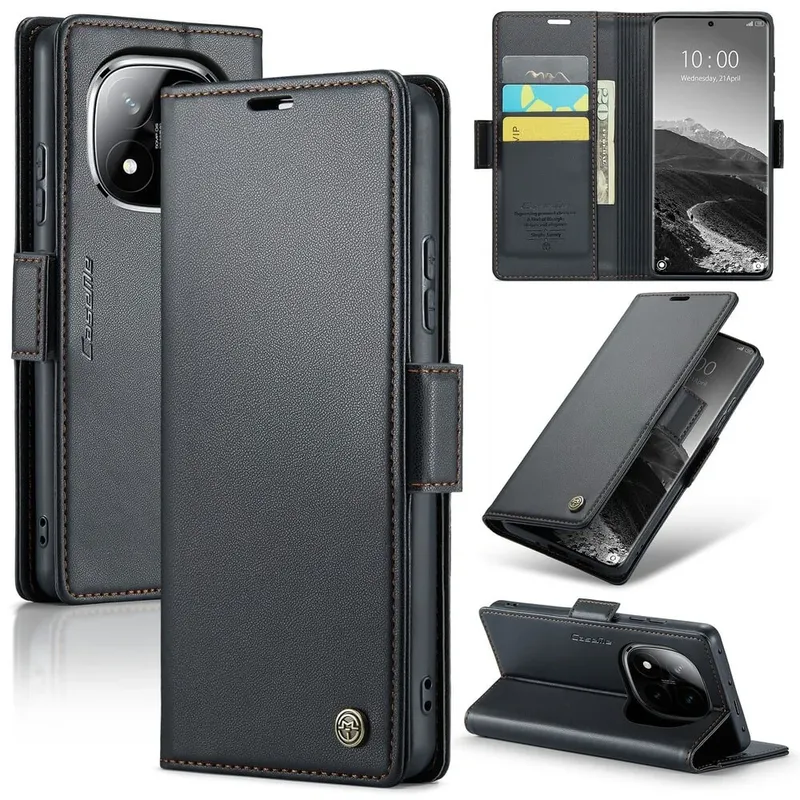 Capa Carteira Com Compartimentos para Cartão de Crédito, Dinheiro, Documentos com Fechamento Magnético para o POCO X7 5G - Cor: Preto