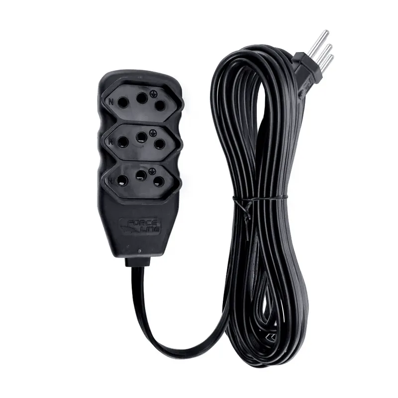 Extensão Force Line, 3 Tomadas Slim, Tripolar, 5.0 Metros, Preto