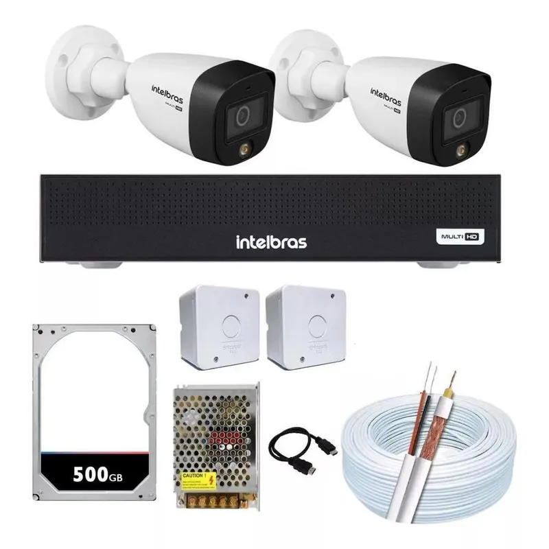Kit 2 Cameras Segurança Intelbras Full Color Vhd 1120b Dvr 4ch Full C/ Hd 500gb