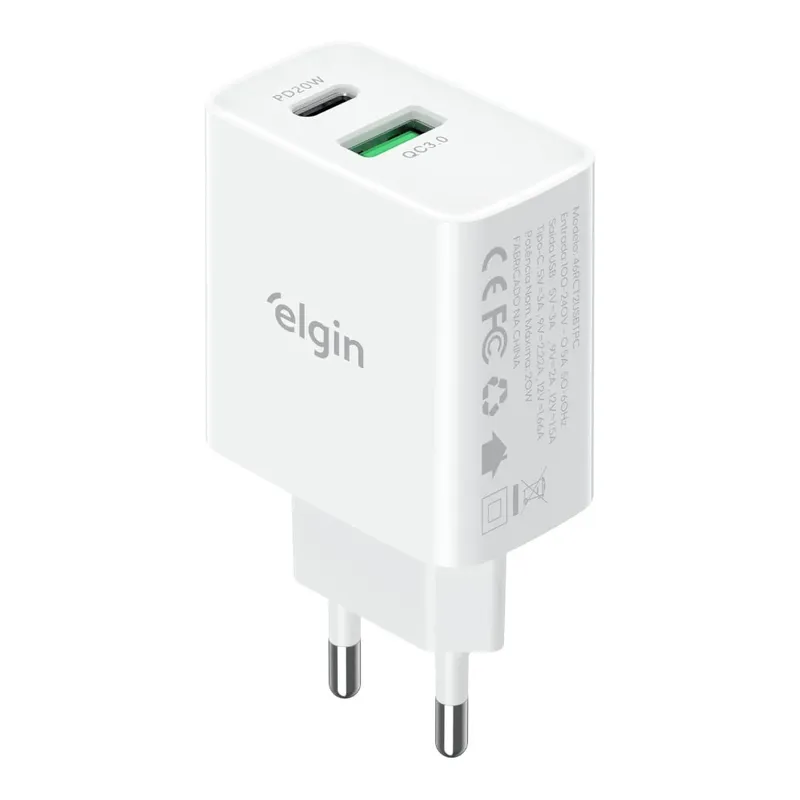 Carregador Usb Elgin 2 Saídas, 1xusb-a E 1xusb-c, 20w, 46rct2usbtpc, Branco