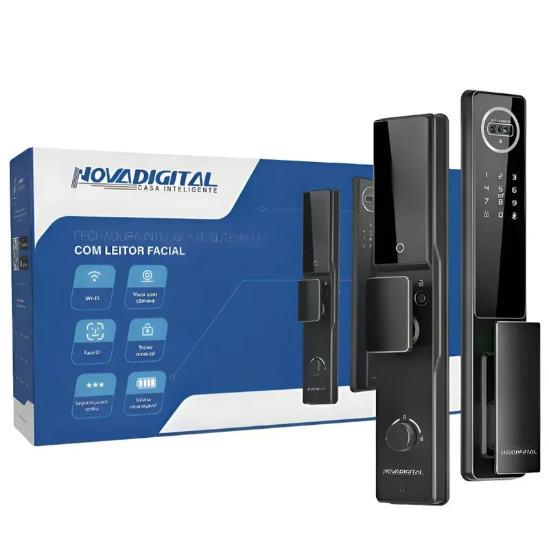 Fechadura Inteligente WiFi Novadigital Câmera Biometria Face ID Visor Tuya Smart Life SL-IDE Elite Bateria Recarregável
