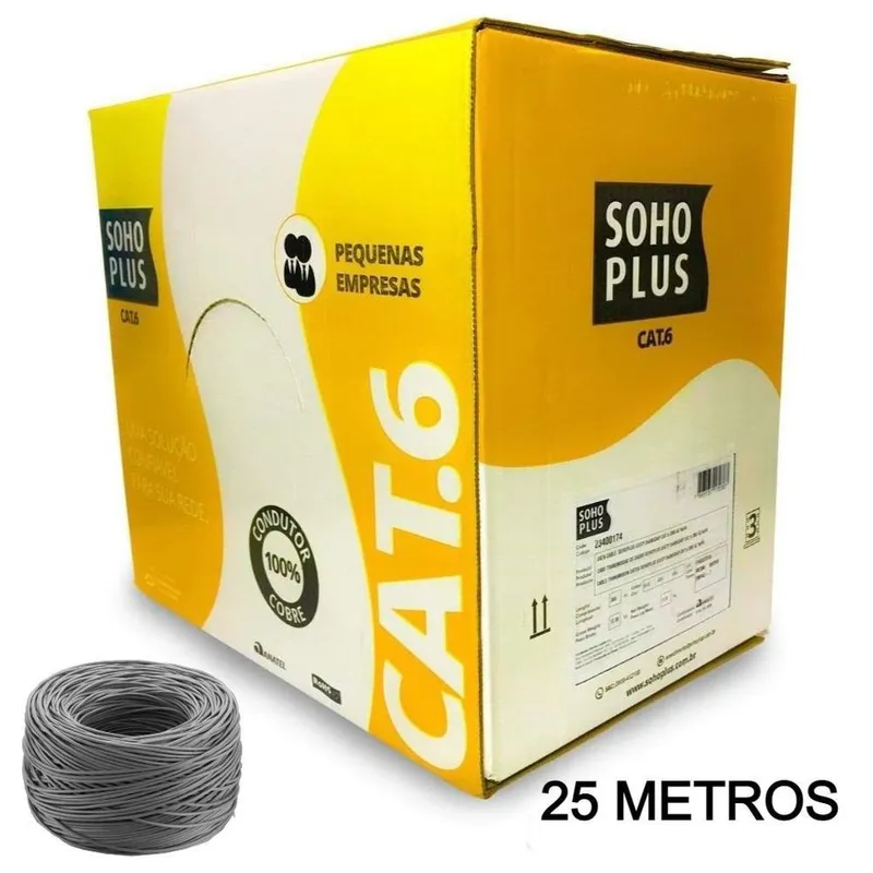 25 Metros De Cabo Rede CAT6 Sohoplus Furukawa, 100% Cobre, Cinza