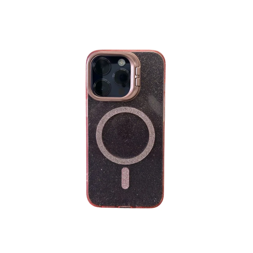 Capa Capinha Case Brilho Luxo Glitter Premium Magsafe Magnética Com Suporte Bracket Para Iphone 15 Pro Max - Rosa