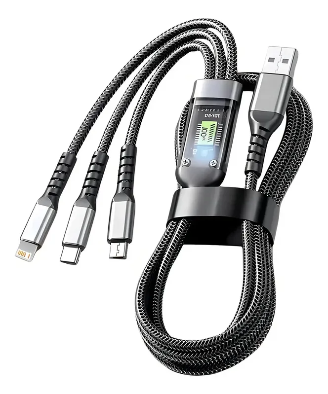 Cabo Carregador 3 Em 1 Turbo 100w Tipo C, V8, Para Iphone