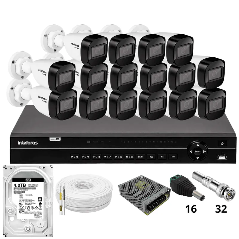 Kit 16 Câmeras Intelbras 1130b Dvr Intelbras Mhdx 1232 Hd 4TB