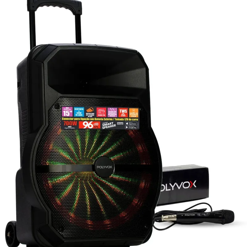 Caixa de Som Amplificada Xc-715 Tws Polyvox, Bluetooth, USB, 700w + Microfone Com Fio Polyvox