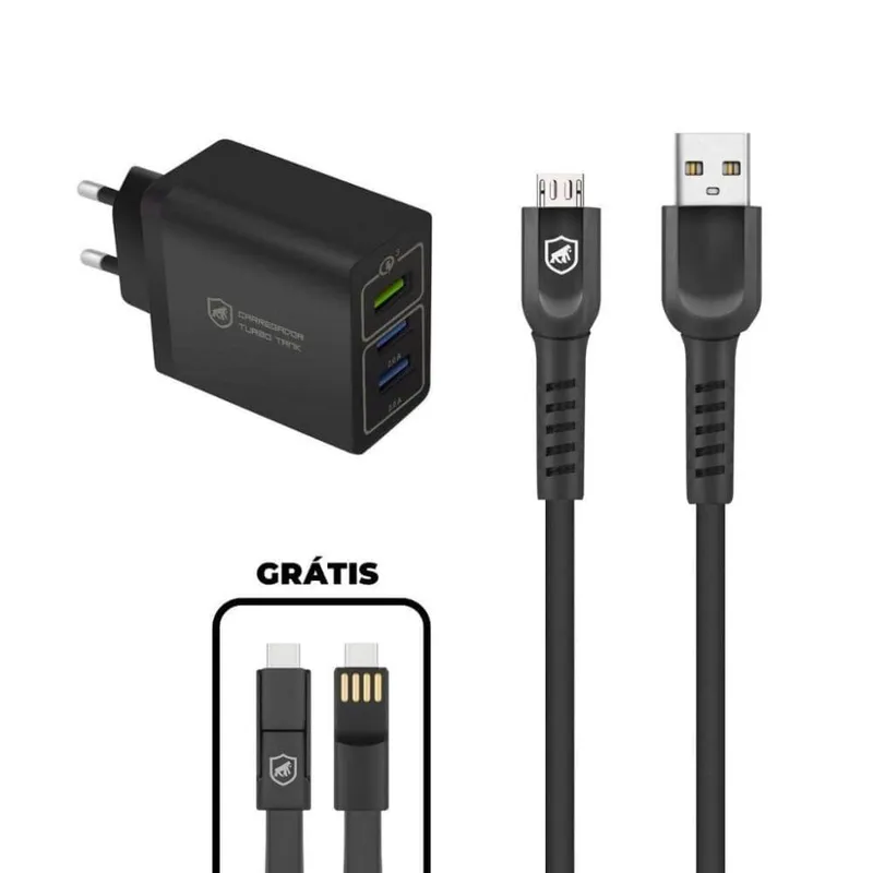 Kit Carregador Triplo Turbo + Cabo Dual Shock Micro Usb V8 + Cabo - Gshield
