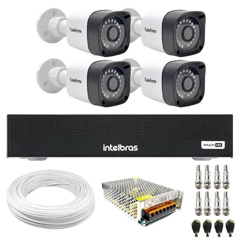 Kit 3 Câmeras Tf 2020 Bullet Full Hd 1080p Alta Definição Visão Noturna 20m, Ip66 + Dvr Intelbras Mhdx 3004-c 4 Canais
