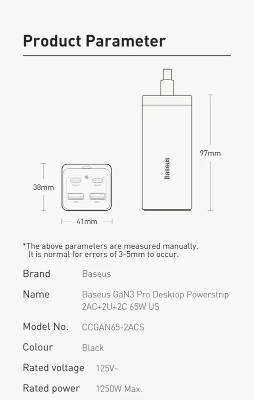 Carregador De Secretária Usb Tipo C Baseus-gan 100 W 2ac 2u 2c Carregador Gan