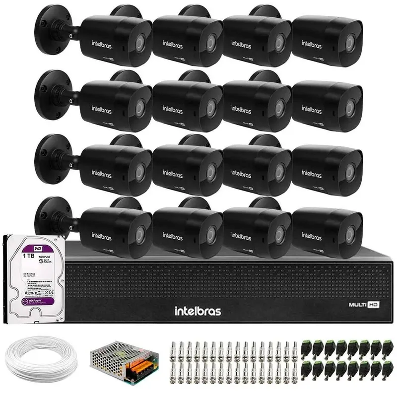 Kit 16 Câmeras Black Bullet Intelbras VHD 1220 B G6 Full HD 1080P e DVR Imhdx 3016, HD 1TB
