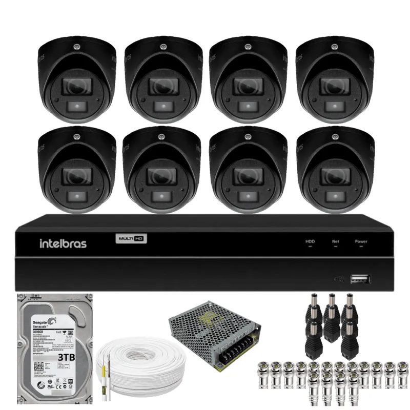 Kit 8 Câmeras Bullet 3220d Mini Black Com Áudio Dvr Intelbras 1216-c Mhdx Com Acesso Remoto Hd 3TB