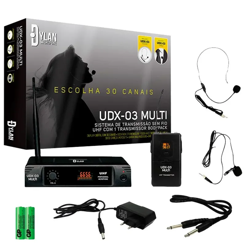 Microfone Sem Fio Dylan Udx-03 Headset Lapela Multi