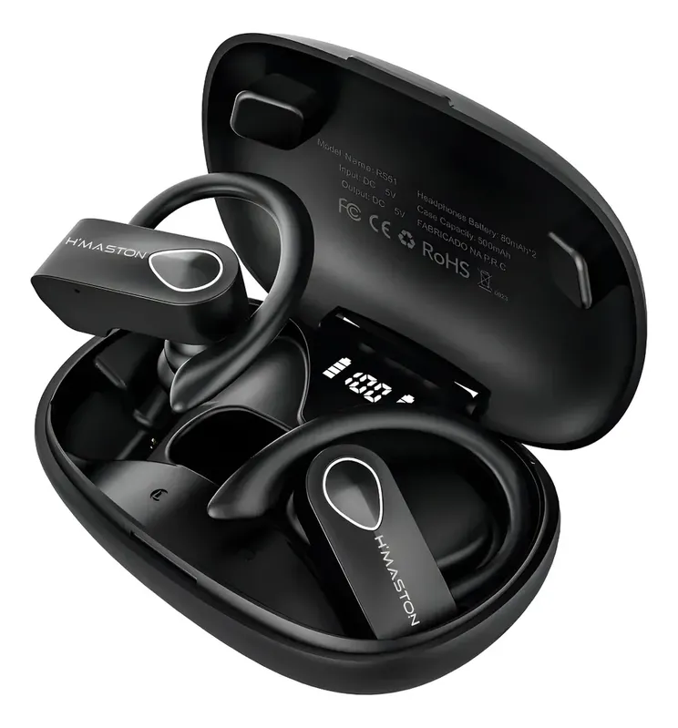 Fone Sem Fio Bluetooth 5.3 Wireless Com LED 80mah 15h Rs51 Cor Preto
