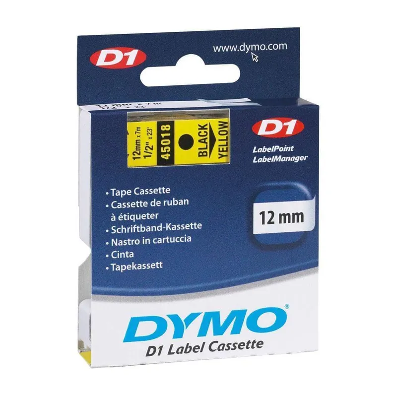 Fita Para Rotulador D1 Label Cassette, Autoadesiva, Poliester, 12mm X 7m, Preto/amarelo 45018 - Dymo