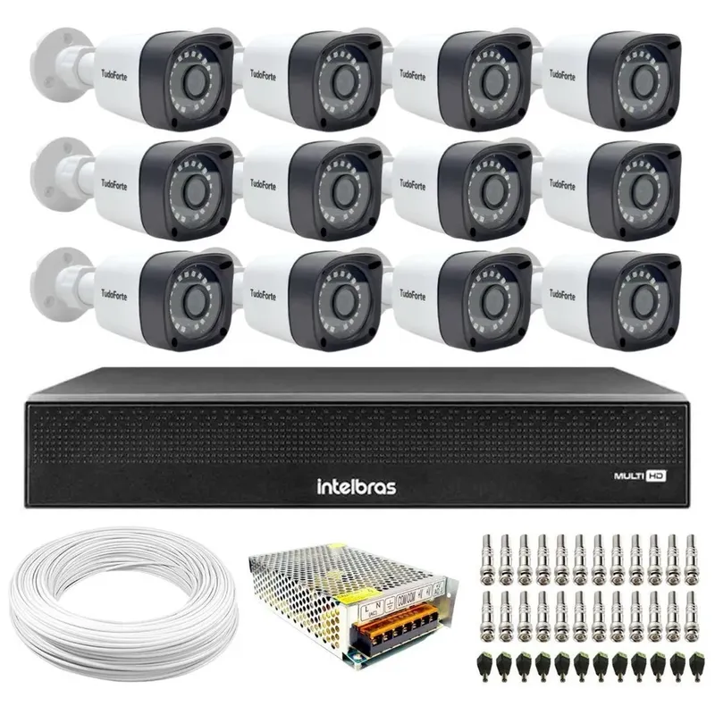 Kit 12 Câmeras Tudoforte Tf2020b Full Hd Visão Noturna 20m Ip66 + Dvr Intelbras Mhdx 3116c 16 Canais