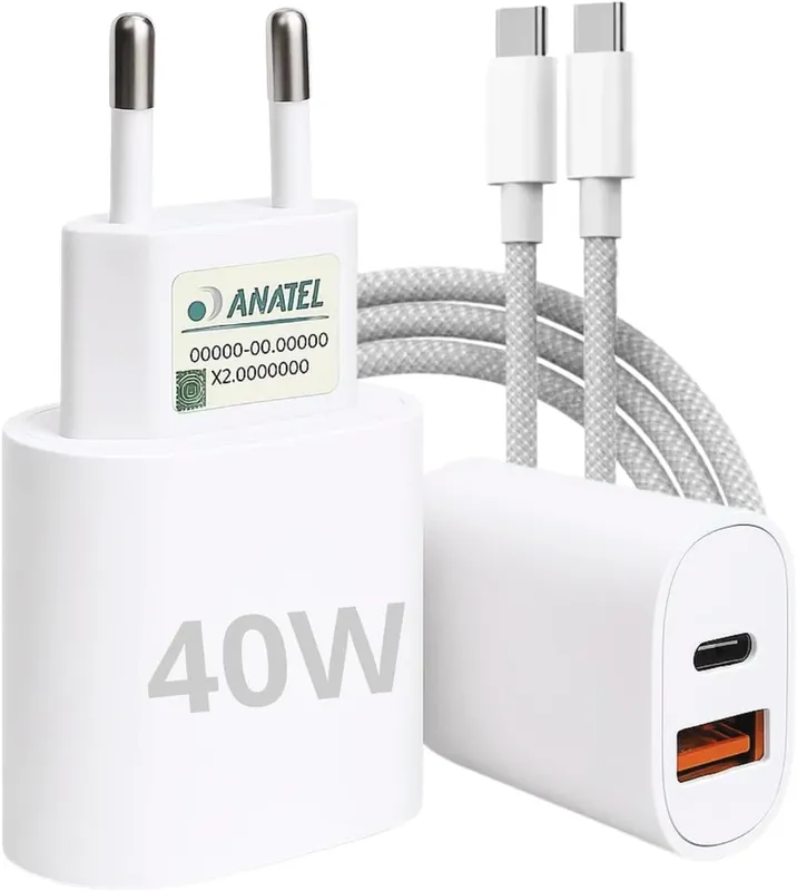 Carregador Tipo C Turbo 40w 9.1a Com Cabo Usb-c Compatível Com Android E Ios. Duas Entradas: Usb E Usb-c Carga Rápida Tecnologia Pd Power Duo