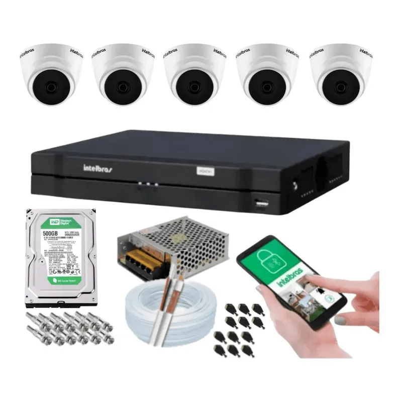 Kit 5 Câmeras Dome Intelbras 1120d, DVR 8 Canais, Com HD