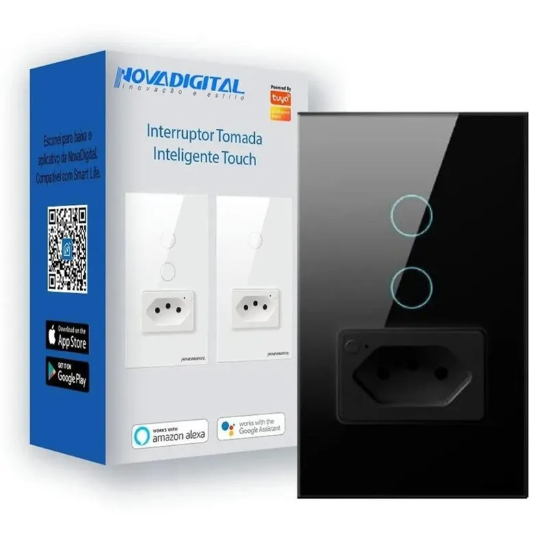 Interruptor Inteligente 2 Botões Interruptor Com Tomada - Preto