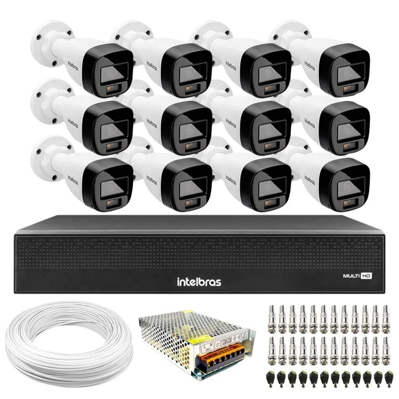 Kit 12 Câmeras Intelbras Vhd 1220 B G7 Full Color Bullet Ir 20m + Dvr Intelbras Mhdx 1116c 16 Canais