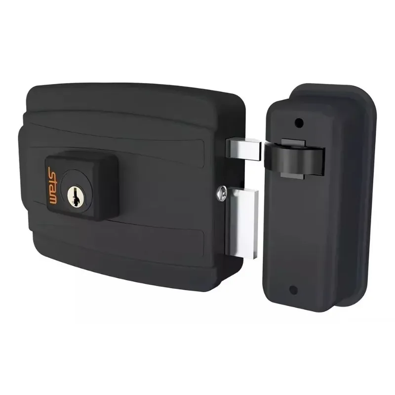 Fechadura Elétrica Sobrepor Abre Para Fora Cilindro 40mm Preto Fosco Stam