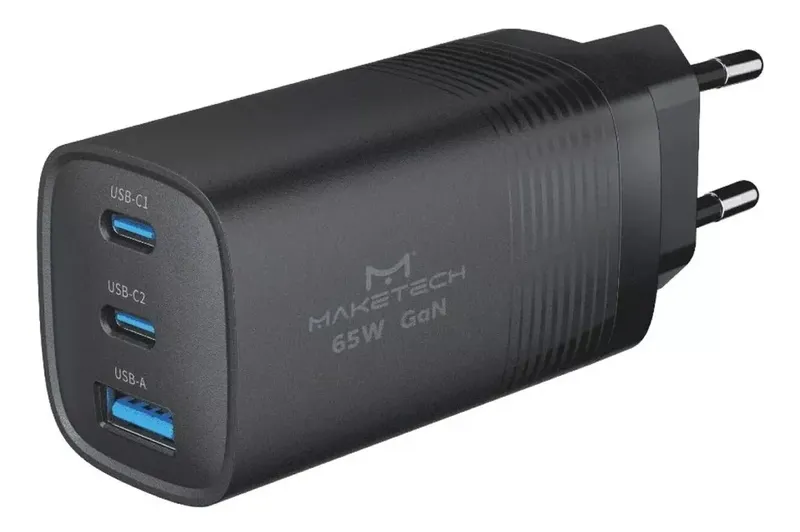 Carregador 2x Usb-c 1x Usb 65w Gan Cm-6553 Maketech Preto