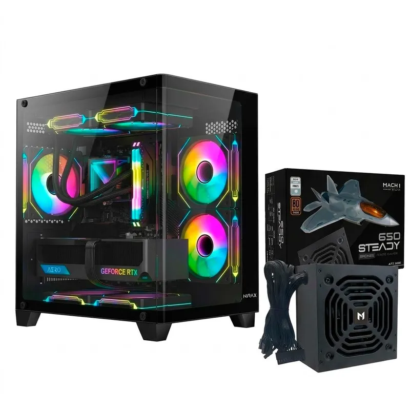 Gabinete Gamer Hyrax HGB750, Frontal Curvo, Mini Tower + Fonte MACH1 Steady, 650W