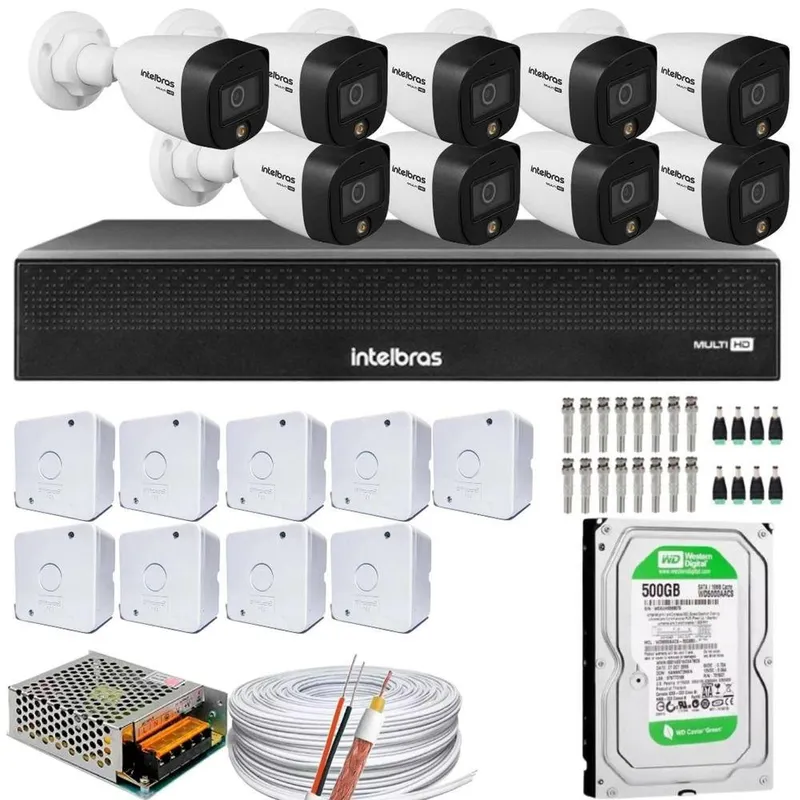 Kit 09 Cameras Intelbras, Full Color, Dvr Mhdx 16 Ch, Color Noite, 500GB