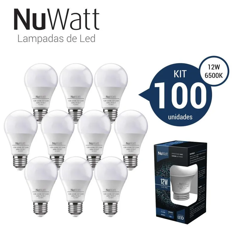 Kit 100 Lampada Led Bulbo 12w Samsung A65 E27 Luz Branca Fria