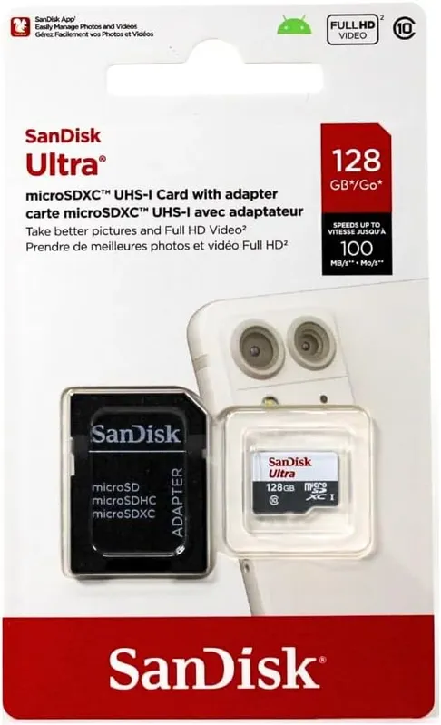 Sandisk Cartão De Memória 128GB Ultra Hd 720p, Micro Sd, Classe 10 80mb/s
