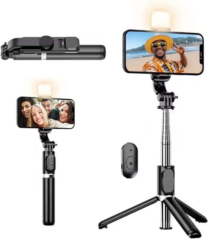 Tripé Bastão De Selfie Luz LED Suporte Vídeo Celular Iphone