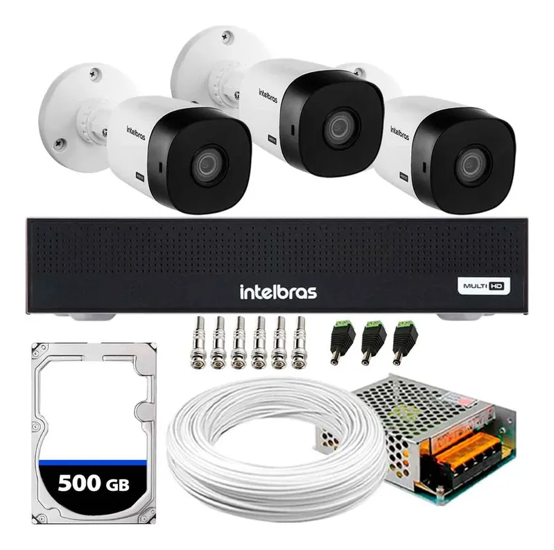 Kit 3 Câmeras Intelbras Vhl 1220 B, Full HD 1080p, Visão Noturna 20m, Proteção Ip66 + DVR Gravador Mhdx 1004-c 4 Canais + HD 500GB