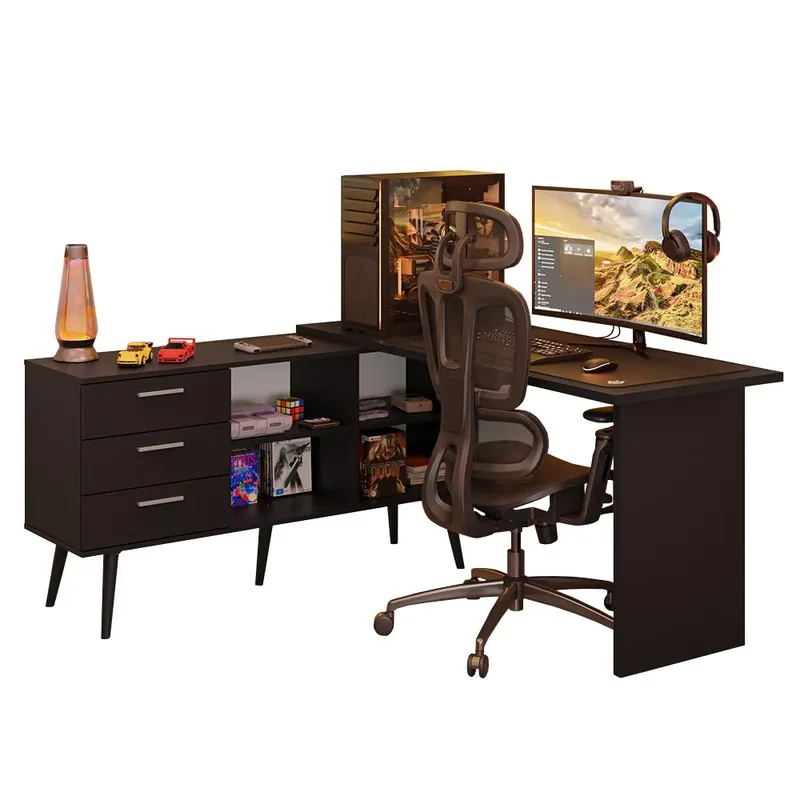 Escrivaninha Em L Mesa Para Computador Gamer 3 Gavetas Preto Lisboa Madesa