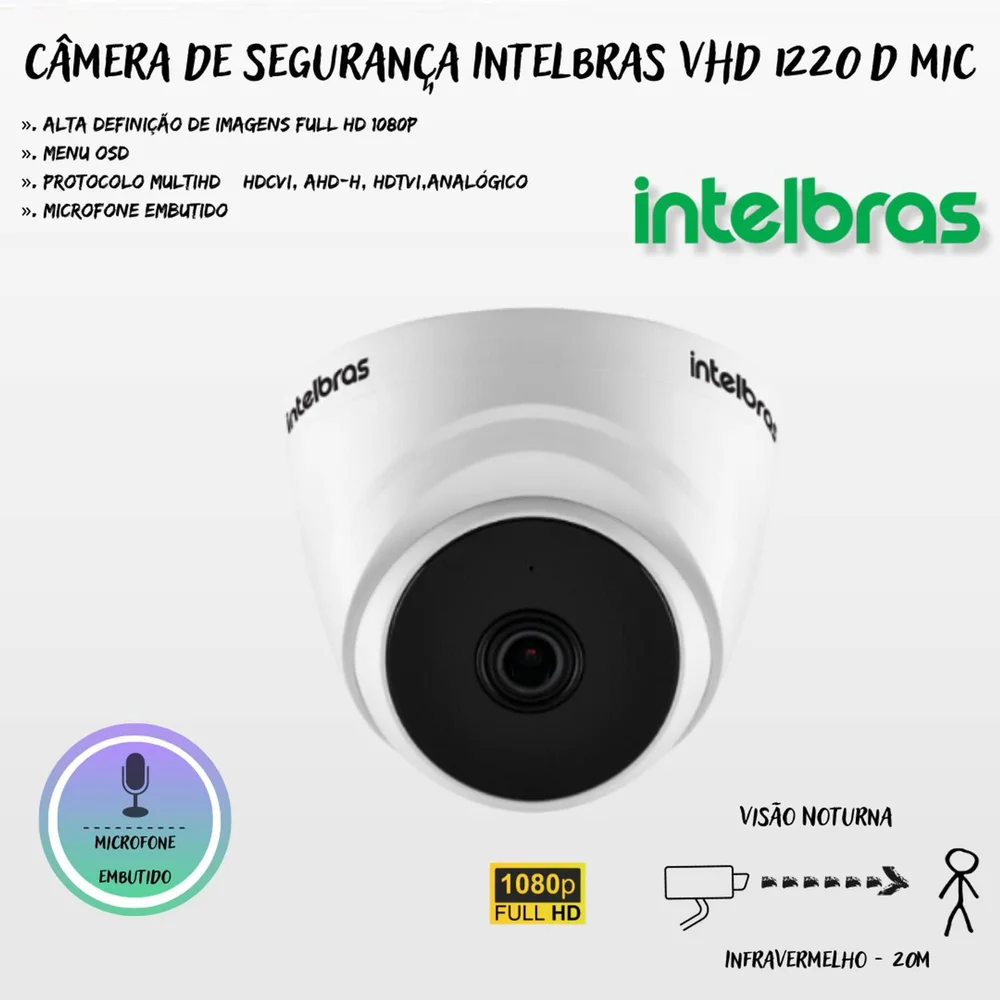 Kit Cftv 8 Câmeras Segurança Dome 1220 Full Hd Com Audio Microfone Dvr Mhdx 1008c Intelbras.