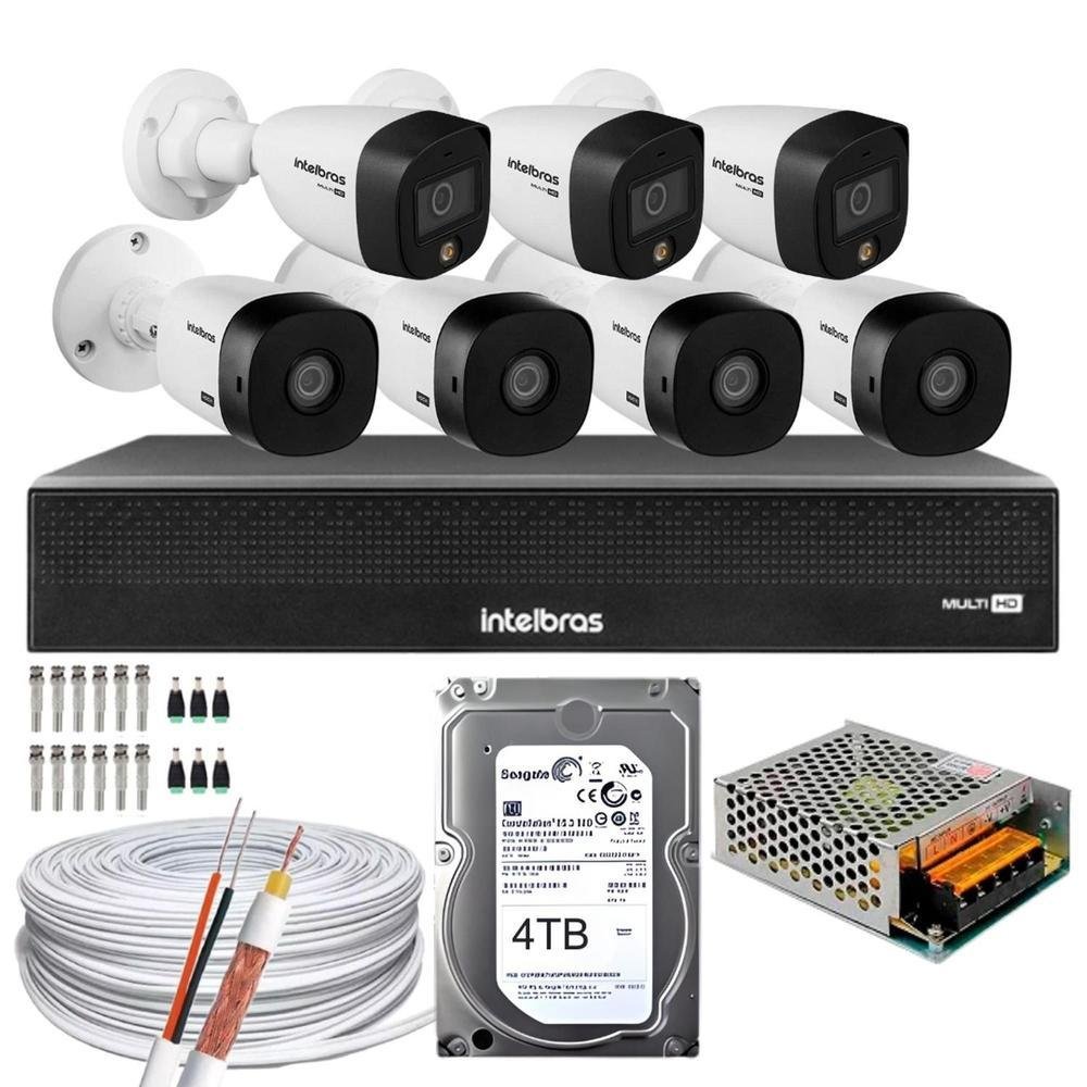 Kit Intelbras Cftv, 7 Câmeras, 3 Câmeras Full Color, 4 Câmeras 1220B FULL HD + DVR 3008-c, HD 4TB
