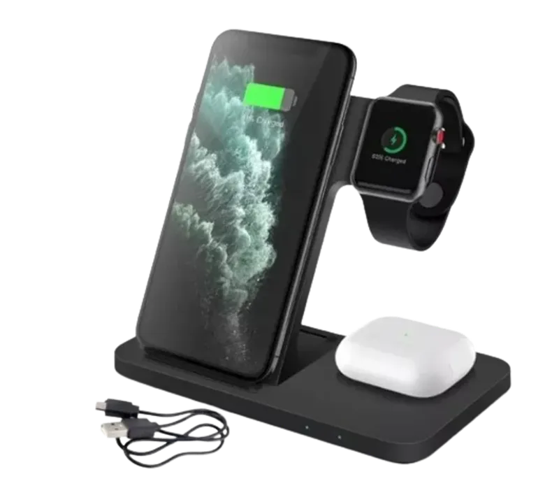 Carregador Por Indução 3 Em 1 Sem Fio Usb Wireless 15w Cor Preto