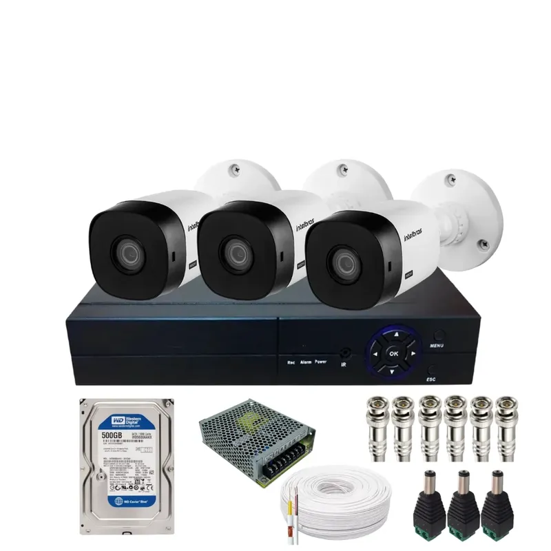 Kit Cftv 3 Câmeras Segurança Dome 1220 Full Hd Com Audio Microfone Dvr Mhdx 1004c Intelbras 500gb.