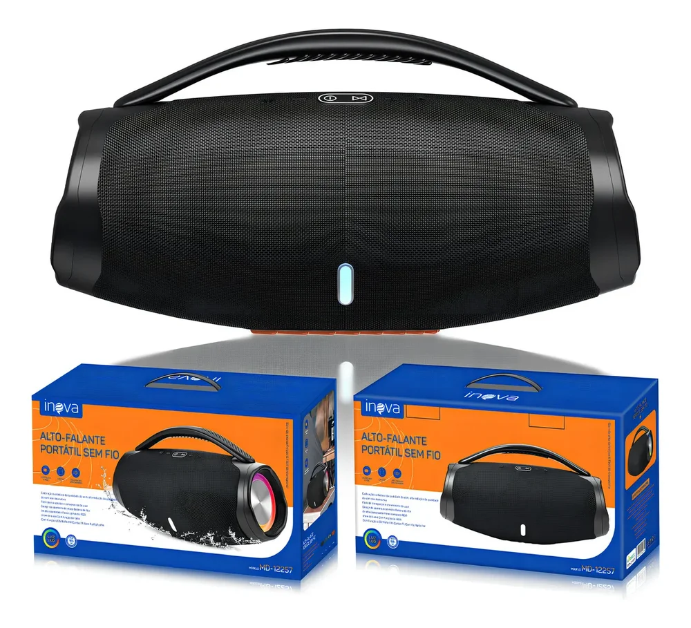 Caixa De Som Inova Tws Portátil Bluetooth 5.3 Alto-falante Estéreo Alta Fidelidade Bateria 5 H Party Com LEDs RGB Design Preto Para Festas Campi