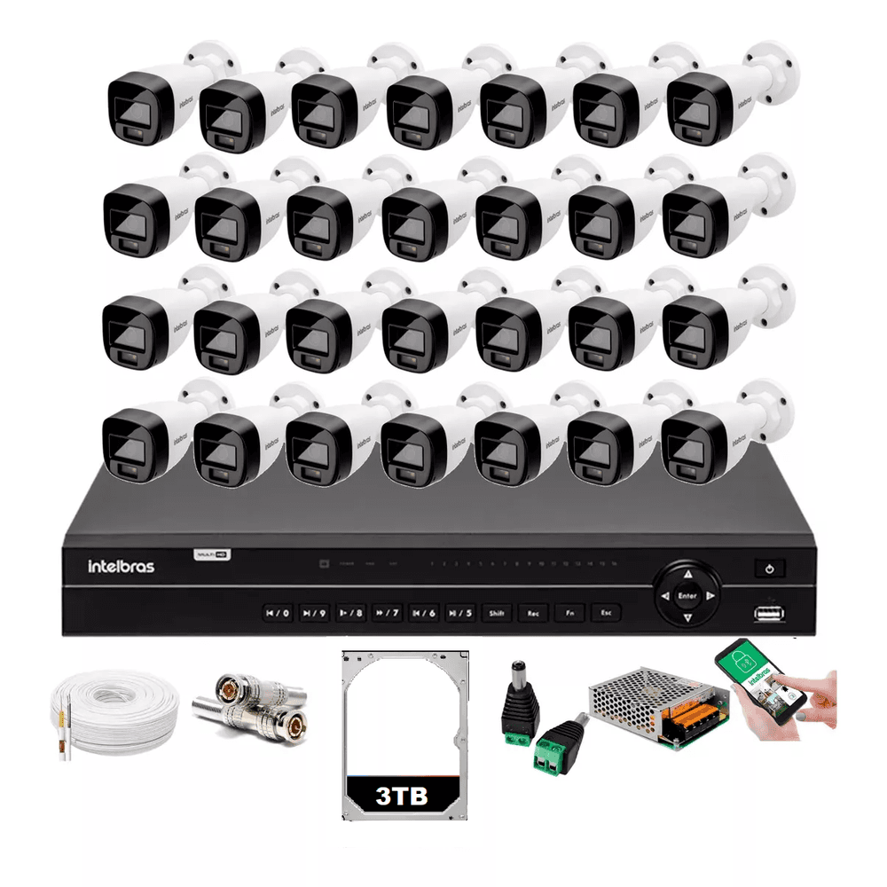 Kit 32 Câmeras De Segurança HD + Dvr Intelbras 32 Ch + HD 3TB