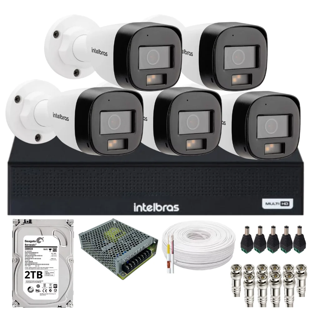 Kit Monitoramento 5 Câmeras Intelbras Vhd 3220 B Full Color Com Áudio Dvr Intelbras 08 Canais 1108-c Acompanha Hd 2TB.