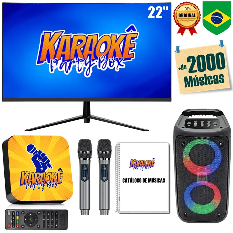 Karaoke Party Box Completo +monitor +caixa De Som +2 Microfones Sem Fio +catálogo De Músicas Impresso