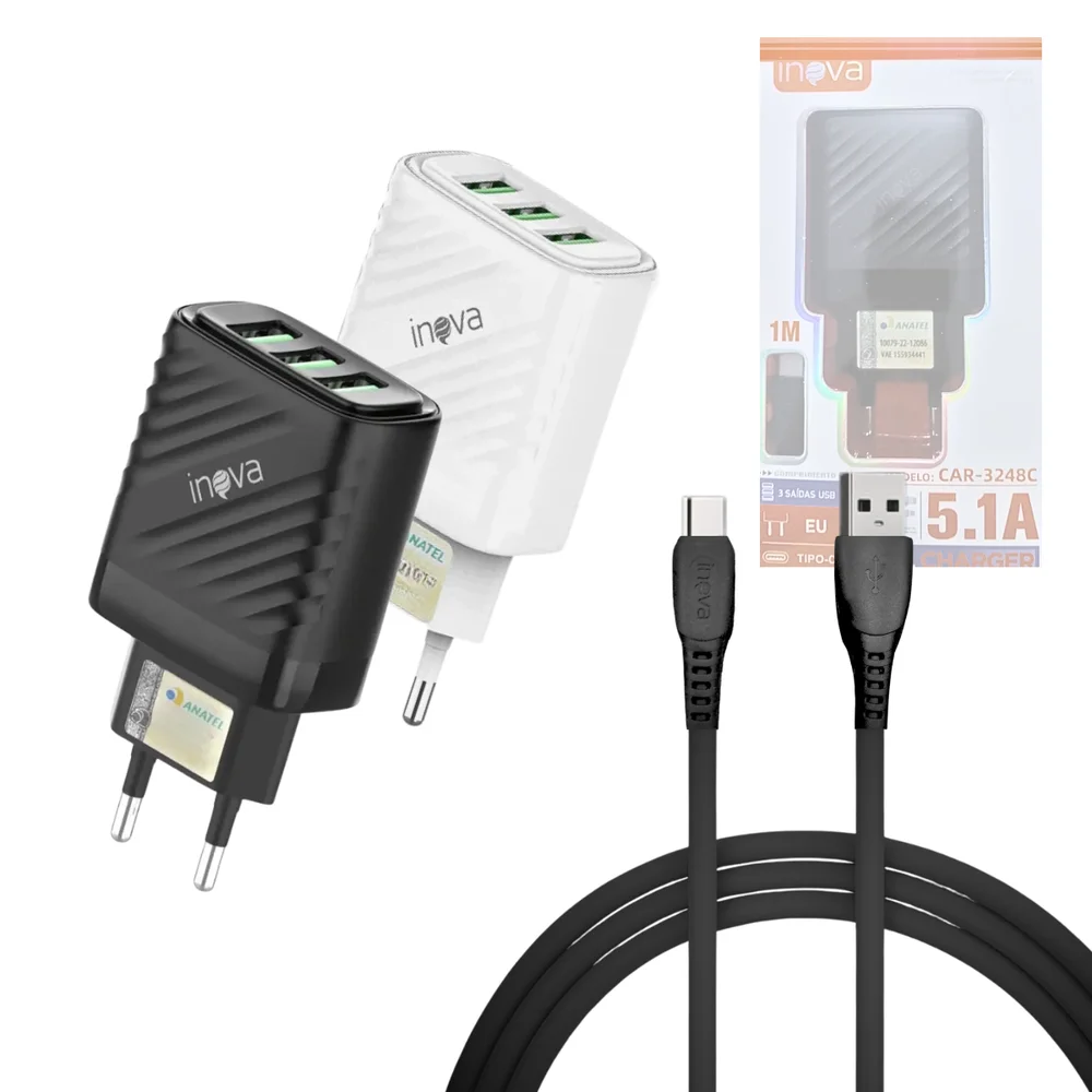 Carregador Turbo 03 Entradas Usb 5.1a Cabo Tipo-c De 1 Metro