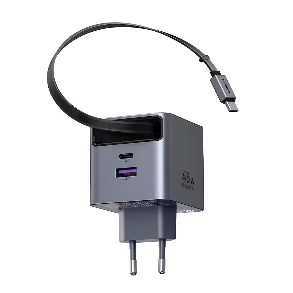 Carregador Ugreen 45w Usb-c Gan 2 Portas Cabo Usb C Retrátil