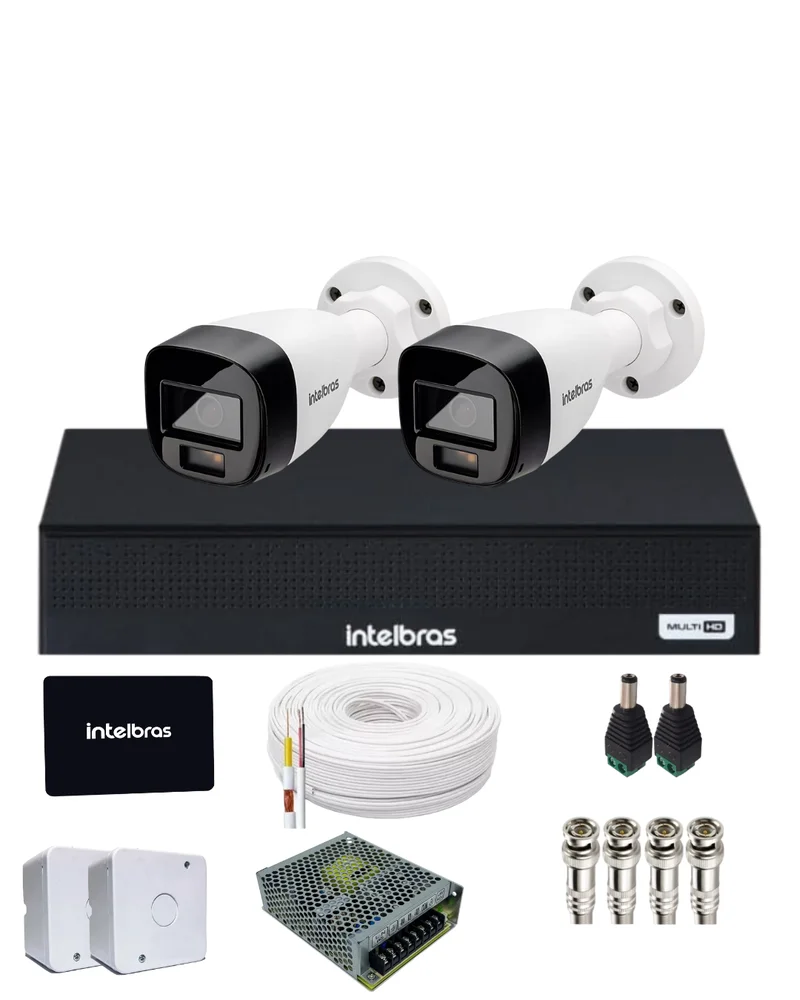 Kit 2 Câmeras Intelbras Full Color 1220b Imagens Coloridas Dia E Noite Gravador Intelbras 1104-c SSD 512gb Incluso.