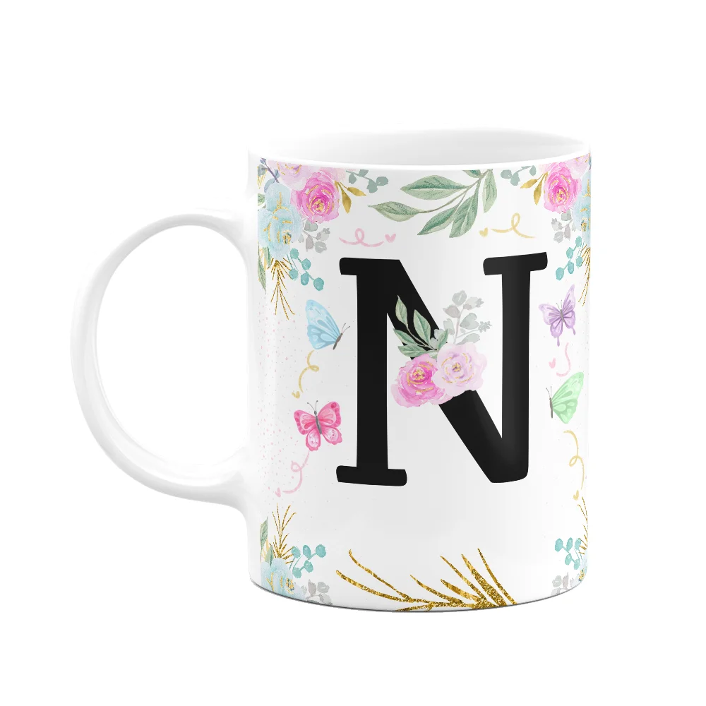 Caneca Floral Inicial Letra N 325ml