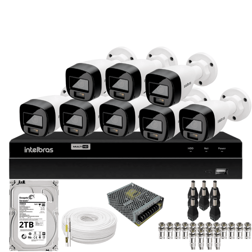 Kit 8 Câmeras Intelbras Bullet 1220b Full Color Dvr Intelbras 1216-c Mhdx Com Acesso Remoto Hd 2TB