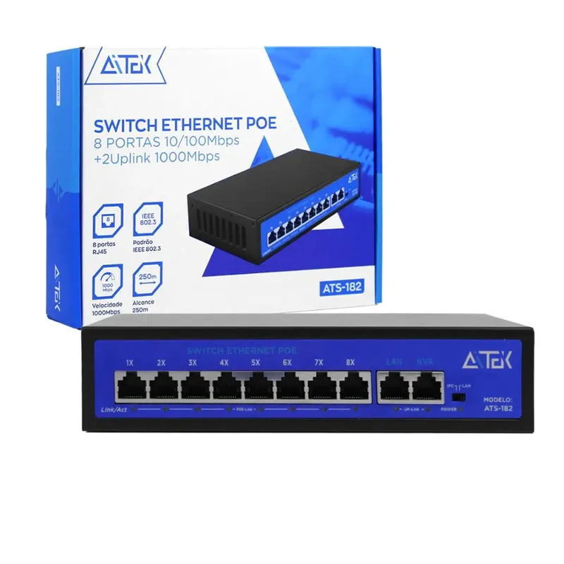 Switch Poe 8 Portas 10/100mbps 2 Portas Uplink Gigabit Bivolt Para Câmeras Monitoramento Ip