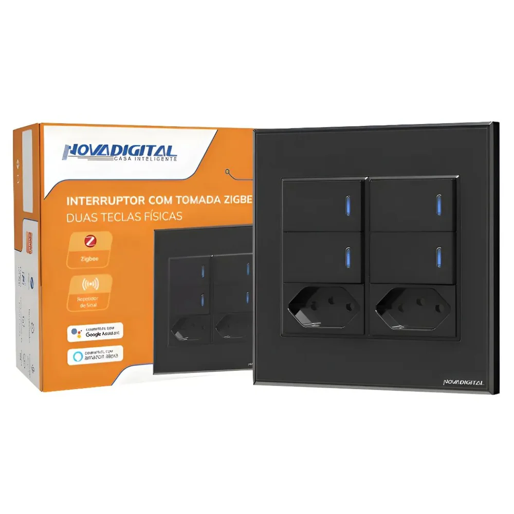 Interruptor Inteligente Zigbee 4x4 4 Teclas Físicas E 2 Tomada Novadigital, Compatível Com Alexa, Google Home Bivolt 110v/220v
