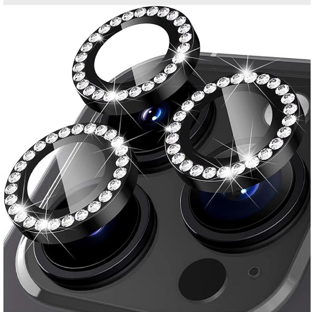 Película Lente Câmera Strass Brilho Compatível Com Iphone 16 Pro Max Tela 6.9 Proteção Preto
