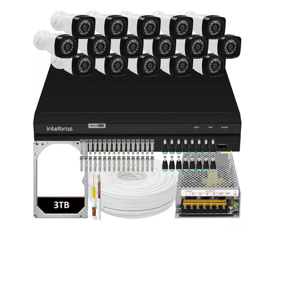 Kit DVR Intelbras 16 Canais H.265 + HD 2TB + 16 Câmeras Full HD, 20m