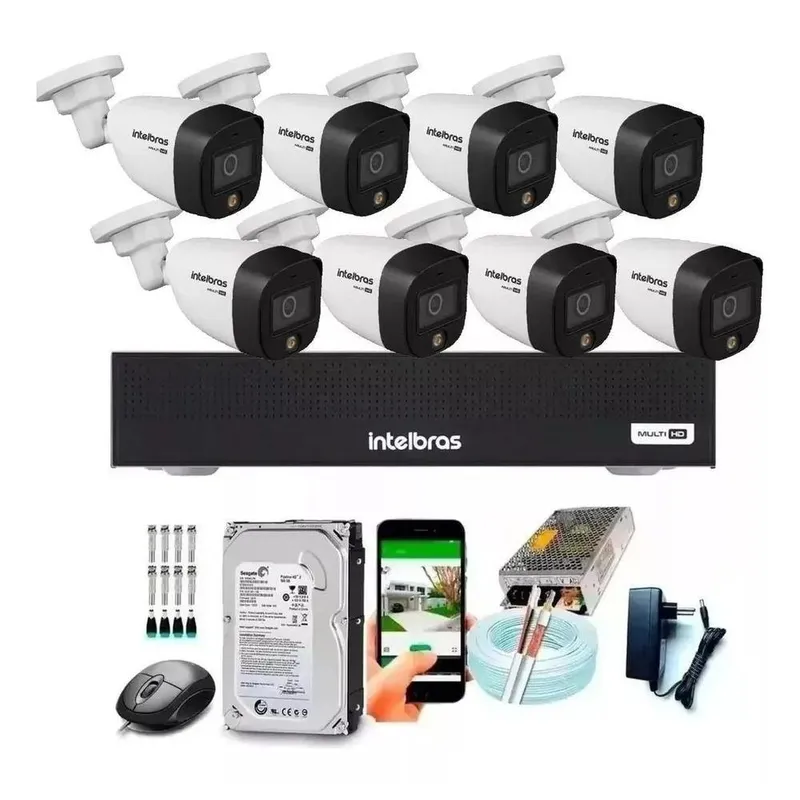 Kit 8 Cameras Seguranca Intelbras Full Color Vhd 1120b Dvr 8ch Full C/ Hd 500gb